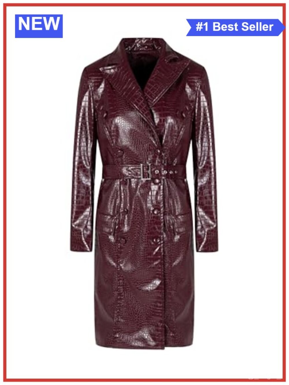 Faux PU Leather Trench Coat Belted Knee Length Notch Lapel Button Front